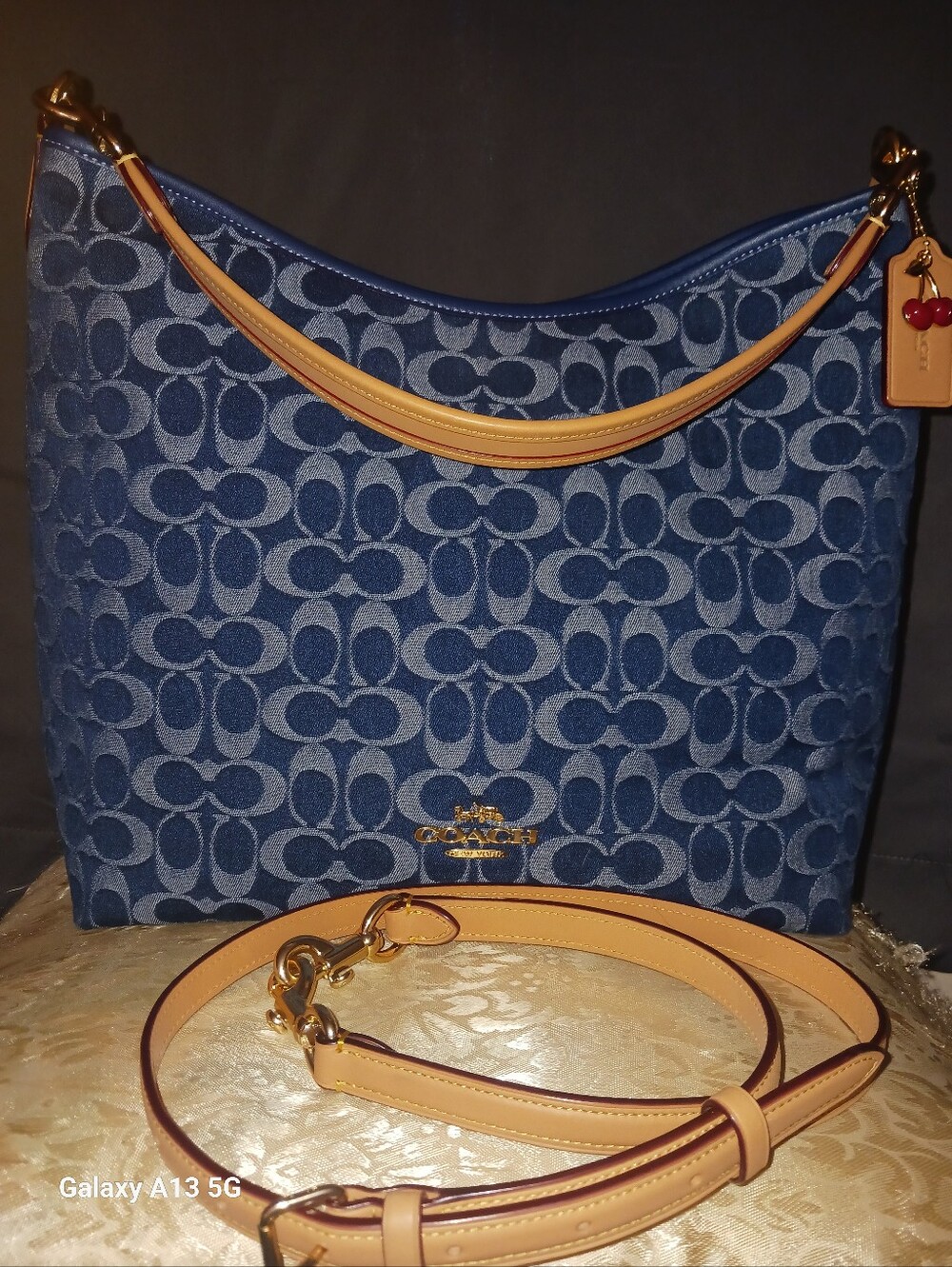 Coach Navy Signature Jacquard Shoulder Bag with Tan Leather Trim